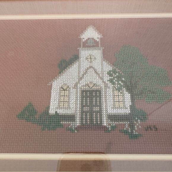 Vintage Framed Matted Cross Stitched Embroidered Folk Art Cabin/Church/LakeCabin - Picture 6 of 16